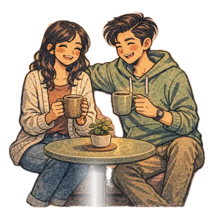 Mereka ngopi berdua sambil ketawa.